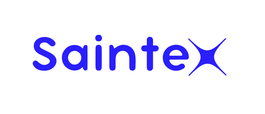 Saintex (sininen wordmark, näkyvissä headerissa; class logo--blue)